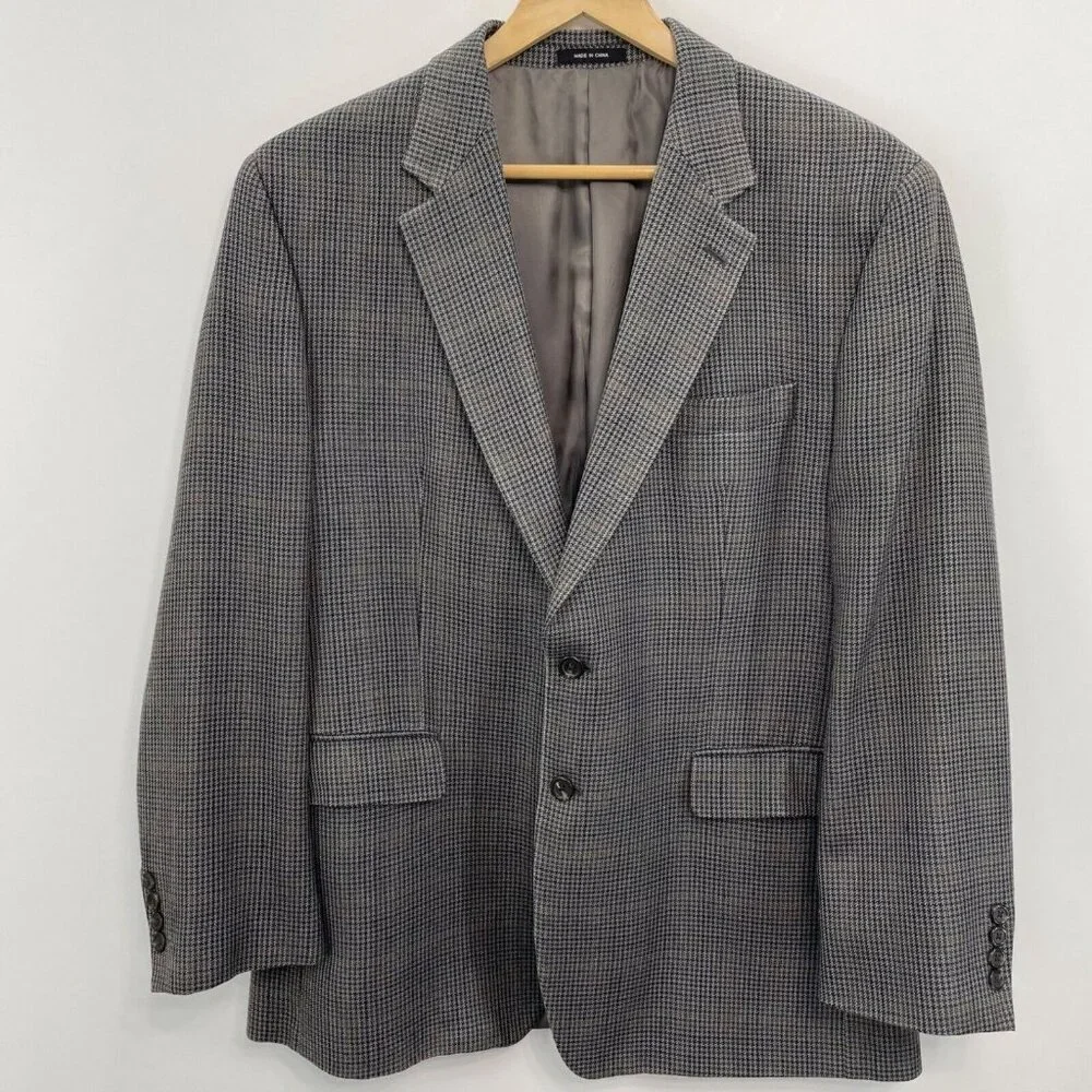 Chaps Ralph Lauren Sport Coat Blazer 100% Silk Plaid Houndstooth Gray Mens 44R